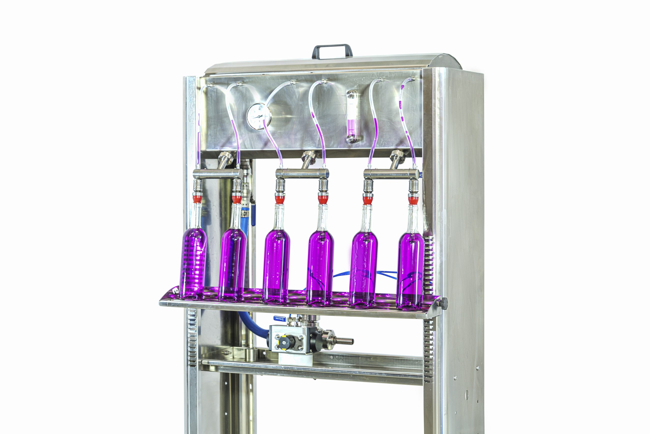 Manuell flaskefyller med 6 påfyllingshoder for fylling ulike væsker inn i flasker.